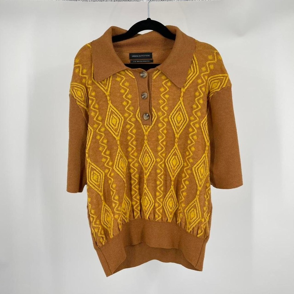 Urban Outfitters Retro Knit Polo Sweater Top 70s Mod Collared Jacquard Boho L